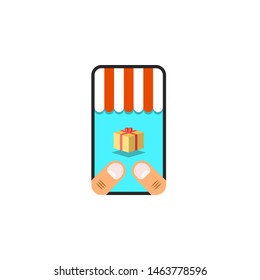 Online trade concept, purchase of goods in the online store, holds a smartphone in his hands on the screen a canopy of an abstract store with a box of the purchased product