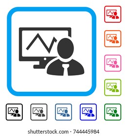 Online Trader icon. Flat gray iconic symbol in a blue rounded squared frame. Black, gray, green, blue, red, orange color additional versions of Online Trader vector.
