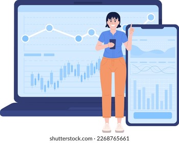 Comerciante en línea que utiliza laptop, aplicación para smartphone para la inversión concepto plano de ilustración de punto vectorial. Caricatura 2D editable sobre blanco para diseño web. Idea creativa para sitio web, móvil, revista