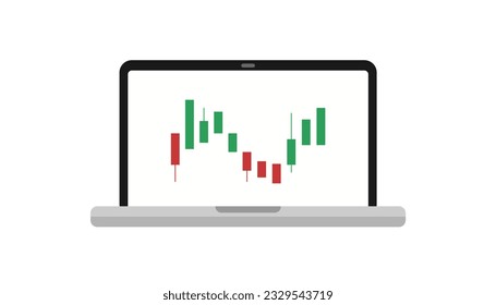 Online trading candlestick on laptop screen illustration. Stock market on white background. Global exchange. Editable vector.