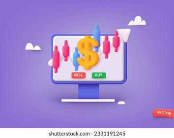 Online trading with computer. Technical analysis candlestick chart. Global stock exchanges index. Forex trading concept. Trading strategy. 3D Web Vector Illustrations.