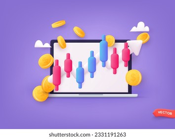 Online trading with computer. Technical analysis candlestick chart. Global stock exchanges index. Forex trading concept. Trading strategy. 3D Web Vector Illustrations.