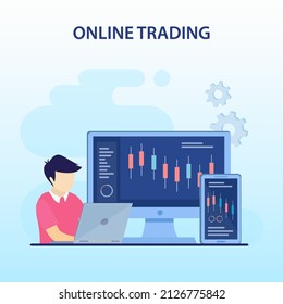 online trading concept. Forex trading strategy, Investing in Stocks. Flat vector template style Suitable for Web Landing Pages.