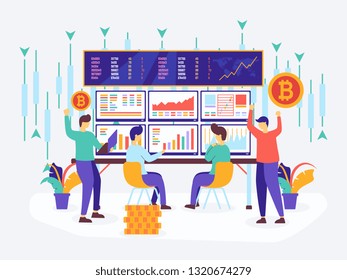 Online Trading crypto currency vector flat illustration. Modern data analysis, finance statistic, data come out from phone, flat style illustration 