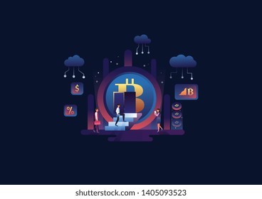 Online Trading crypto currency vector flat illustration. Modern data analysis, clouds, data come out from phone, flat style illustration 