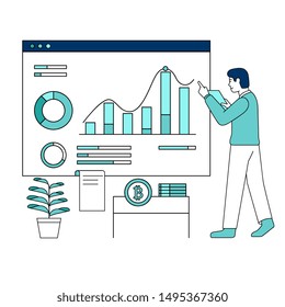 Online Trading crypto currency vector flat illustration. Modern data analysis, finance statistic, data come out from phone, flat style illustration 
