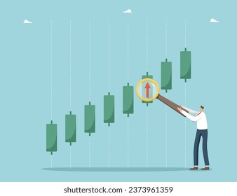 Online trading and cryptocurrency transactions, currency exchange, international investments, stock trading, financial analysis and stock market monitoring. Man points magnifier at stock market chart.