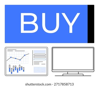 Comércio on-line, plataformas de comércio eletrônico, análise de ações, ferramentas financeiras, pesquisa de mercado, investimento. Botão Comprar, gráfico de ações e computador. Conceito de comércio em linha e comércio eletrônico