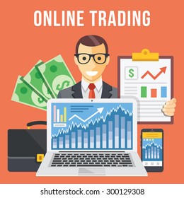 Online trading flat illustration concept. Modern flat design concepts for web banners, advertising, web sites, printed materials, infographics. Creative vector illustration