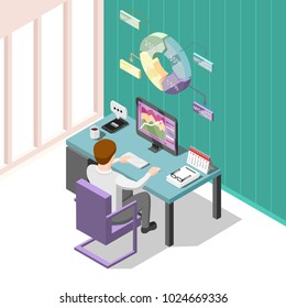 Online trading isometric background with creative man at workplace looking for change in prices on stock market vector illustration