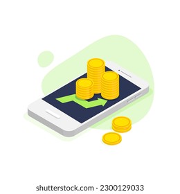 Online trading with isometric smartphone. Coin stack. Global stocks market graph chart. Vector illustration in trendy 3d style isolated on blue background.