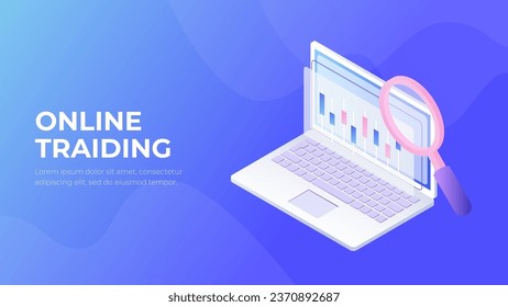 Isometrie-Vektorgrafik des Online-Handels. 3D-Notebook-Fintech. Anwendungsbildschirm zur Illustration von Handelstechnologien. Konzept des digitalen Aktienmarktes oder eines digitalen Lagers.