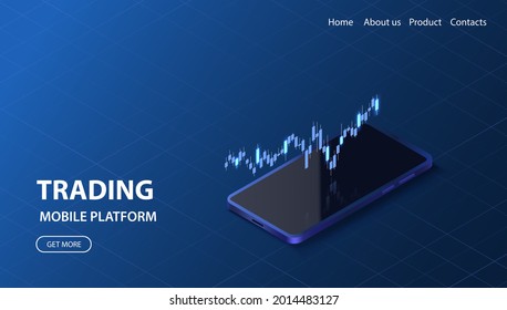 Online trading landing page. Modern finance smartphone platform concept. Growth data graph. Investment isometric illustration.