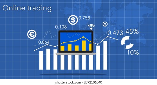 Intercambio en línea. La computadora portátil proporciona datos del mercado de valores global en tiempo real. Ilustración vectorial. Negocios financieros. Concepto abstracto