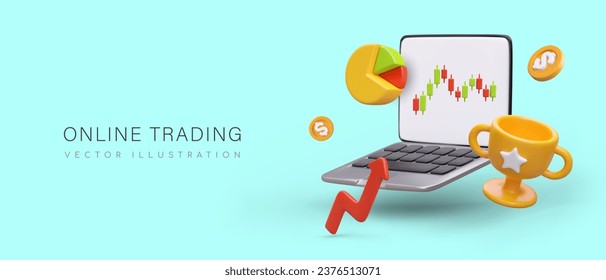 Online trading. Laptop with stock chart on screen, golden cup, coins, stock arrow. Successful business management. Profitable share trading. Help in investment management