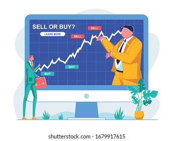 Online Trading Lesson Sell or Buy Analyzing Chart. Man in Suit Show Stock Growth Chart, it Worth Buying or Selling them Now. Student Watching Training on Big Screen. There Learn more Button on Page.