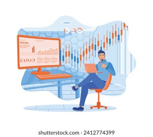 Online trading. The man sits with a laptop and computer, analyzing stock market trades with data and candlestick charts. Stock Trading concept. Flat vector illustration.