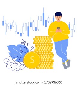 Online Trading. A man trades with a mobile phone on the background of coins and a graph of falling and rising quotes. Vector flat style illustration on finance and investing.