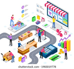 Mercado de operaciones en línea, comprar en el mundo la mayor plataforma mayorista. Compradores, entrega y seguimiento, vendedores y sistema de pago, centro de apoyo. Compra y venta de productos en todo el mundo ilustraciones de vectores