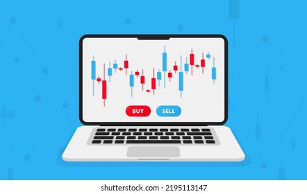 Online trading on the laptop. Investment trading in the stock market. Stocks market graph chart on device screen. Financial trading and investing strategy. Candlestick chart