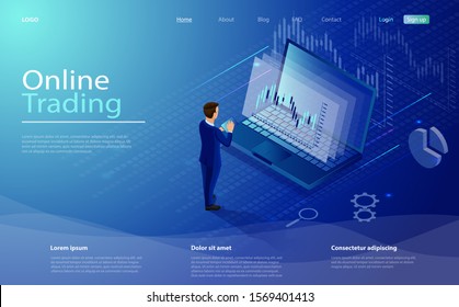 Online Trading On Stock Exchange At Home Isometric Composition With Laptop, Businessman, Tablet, Vector. Digital Money Market, Investment, Finance Trading. Isometric Concept Stock Exchang And Trader