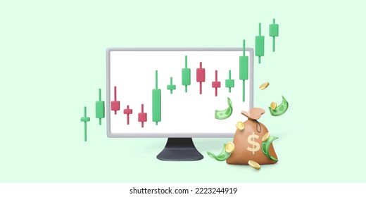 Intercambio en línea en bolsa y opciones binarias. Monitor de PC, carta de candelabros, bolsa de dinero con monedas de oro en caída y moneda de papel verde. Estrategia de inversión criptodivisa exitosa. Vector