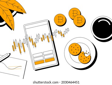 Online trading platform and cryptocurrency concept. Trading bitcoin on mobile device flat line vector banner. Modern linear illustration.
