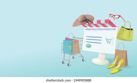 Online trading. Shopping banner with realistic elements for advertising purchases through a computer at home on a blue background.