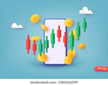 Online trading. Technical analysis candlestick chart. Global stock exchanges index. Forex trading concept. Trading strategy. 3D Web Vector Illustrations.