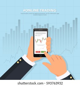 Online trading technology. Close-up of a person's hand holds smartphone with trade graphs. Binary options. Investing. Banner online trading on stock exchange. Flat vector illustration.