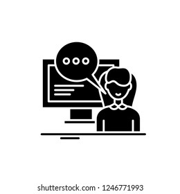 Online trainer black icon, vector sign on isolated background. Online trainer concept symbol, illustration 