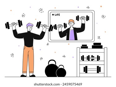 Online trainer simple. Man with dumbbells and video on internet. Workout and training, fitness. Instructor with client. Sportsman and athlete in gym. Doodle flat vector illustration