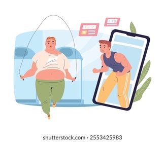 Online trainer. Sport exercises for weight loss with personal fitness instructor in smartphone app, fat man jumping rope in gym sporting coach workout training vector illustration original artwork