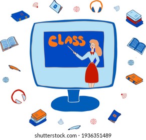 Online training for adults and children. Illustation Vector Cartoon