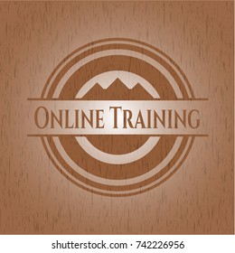 Online Training badge with wood background