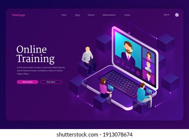 Online training banner. Digital service for internet education, distance study. Vector landing page of elearning with isometric laptop with teacher on screen and learning people