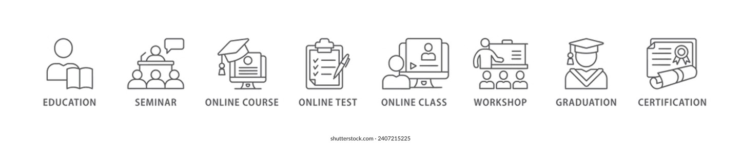 Online training banner web icon vector illustration concept with icon of education, seminar, online course, online test, online class, workshop, graduation, certification