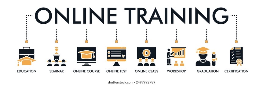 Online training banner web icon vector illustration concept with icon of education, seminar, online course, online test, online class, workshop, graduation, certification