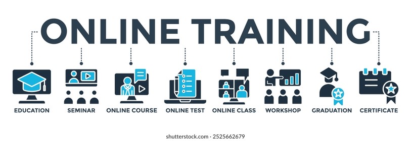 Ilustração de vetor de ícone de web com ícone de educação, seminário, curso on-line, teste on-line, aula on-line, oficina, formatura, certificação
