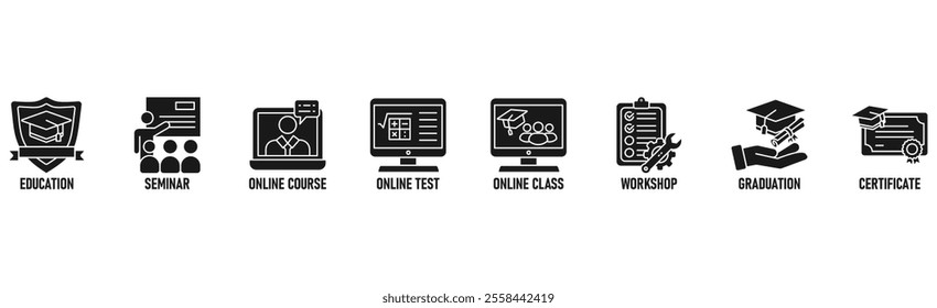 Online training banner web icon vector illustration concept with icon of education, seminar, online course, online test, online class, workshop, graduation, certification
