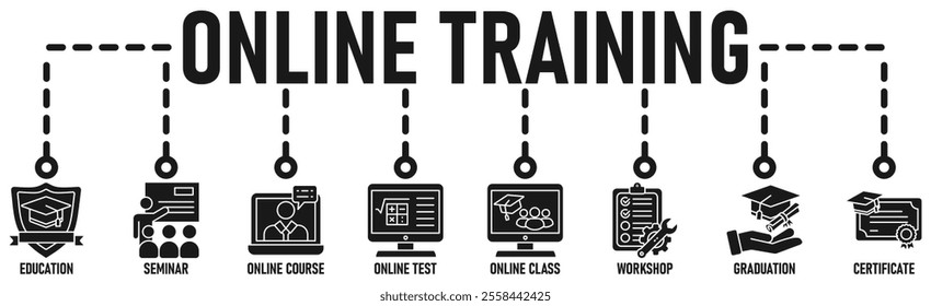 Online training banner web icon vector illustration concept with icon of education, seminar, online course, online test, online class, workshop, graduation, certification
