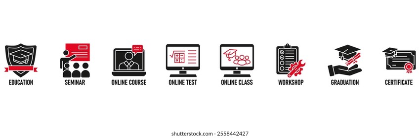 Online training banner web icon vector illustration concept with icon of education, seminar, online course, online test, online class, workshop, graduation, certification
