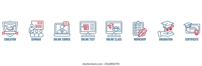 Online training banner web icon vector illustration concept with icon of education, seminar, online course, online test, online class, workshop, graduation, certification
