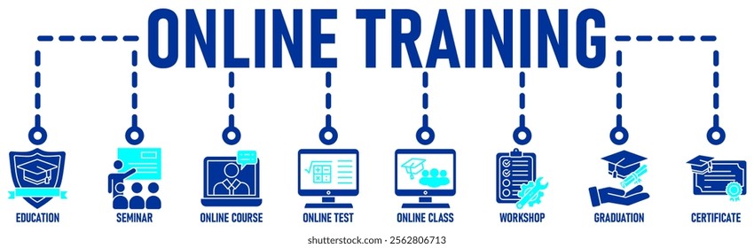 Online training banner web icon vector illustration concept with icon of education, seminar, online course, online test, online class, workshop, graduation, certification
