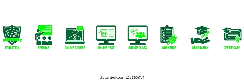 Online training banner web icon vector illustration concept with icon of education, seminar, online course, online test, online class, workshop, graduation, certification
