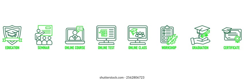 Online training banner web icon vector illustration concept with icon of education, seminar, online course, online test, online class, workshop, graduation, certification
