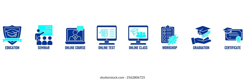 Online training banner web icon vector illustration concept with icon of education, seminar, online course, online test, online class, workshop, graduation, certification
