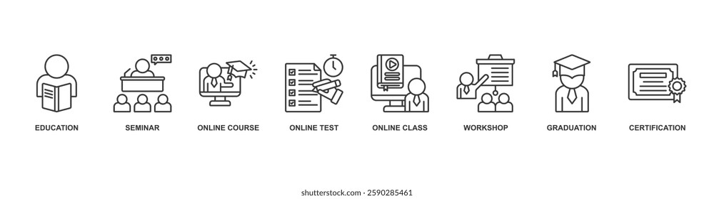 Online Training banner web icon sheet vector illustration concept with icon of education, seminar, online course, online test, online class, workshop, graduation, certification