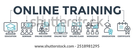 Online training banner web icon vector illustration concept with icon of education, seminar, online course, online test, online class, workshop, graduation, certification
