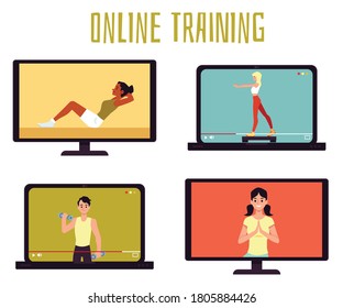 Online training banners set with people doing sports workout. Men and women performing gymnastic exercises, flat vector illustration isolated on white background.
